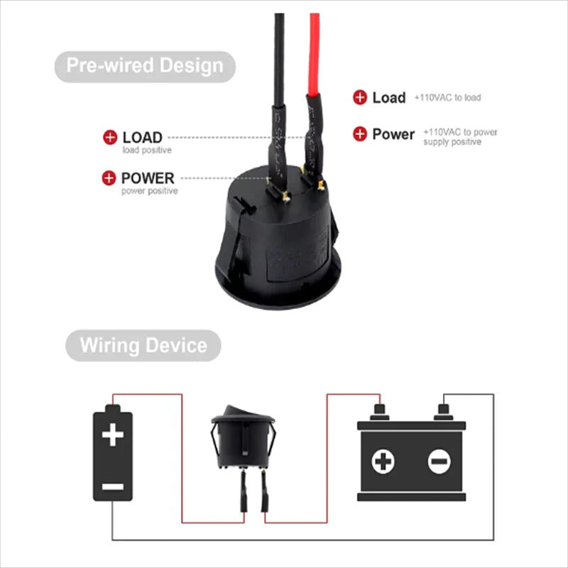10 x ROUND ON OFF ROCKER SWITCH PRE WIRED 12V 6A/250V