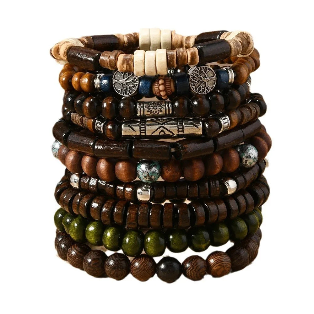 10 x WOODEN BEADED BRACELETS FOR MEN – BOHO ETHNIC TREE OF LIFE VINTAGE SET 07