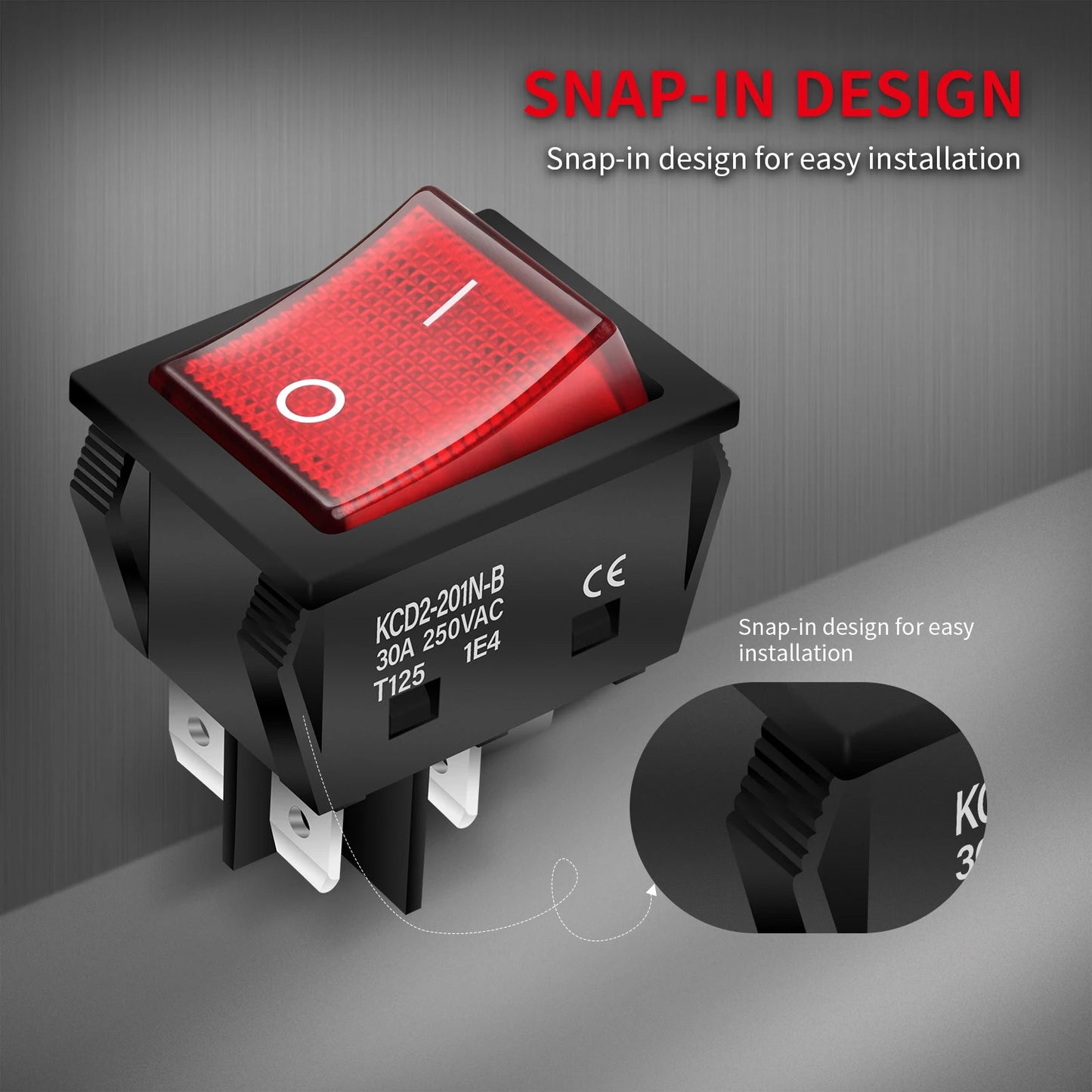 5 x 30A 250V HEAVY DUTY KCD2 ROCKER SWITCH 4 PIN RED LED