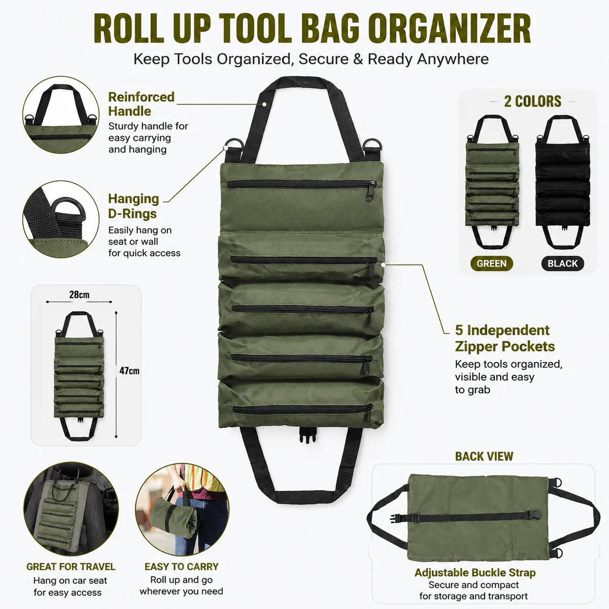 ROLL UP TOOL BAG ORGANISER 5 POCKET OXFORD TOOL STORAGE POUCH GARAGE CAR DIY