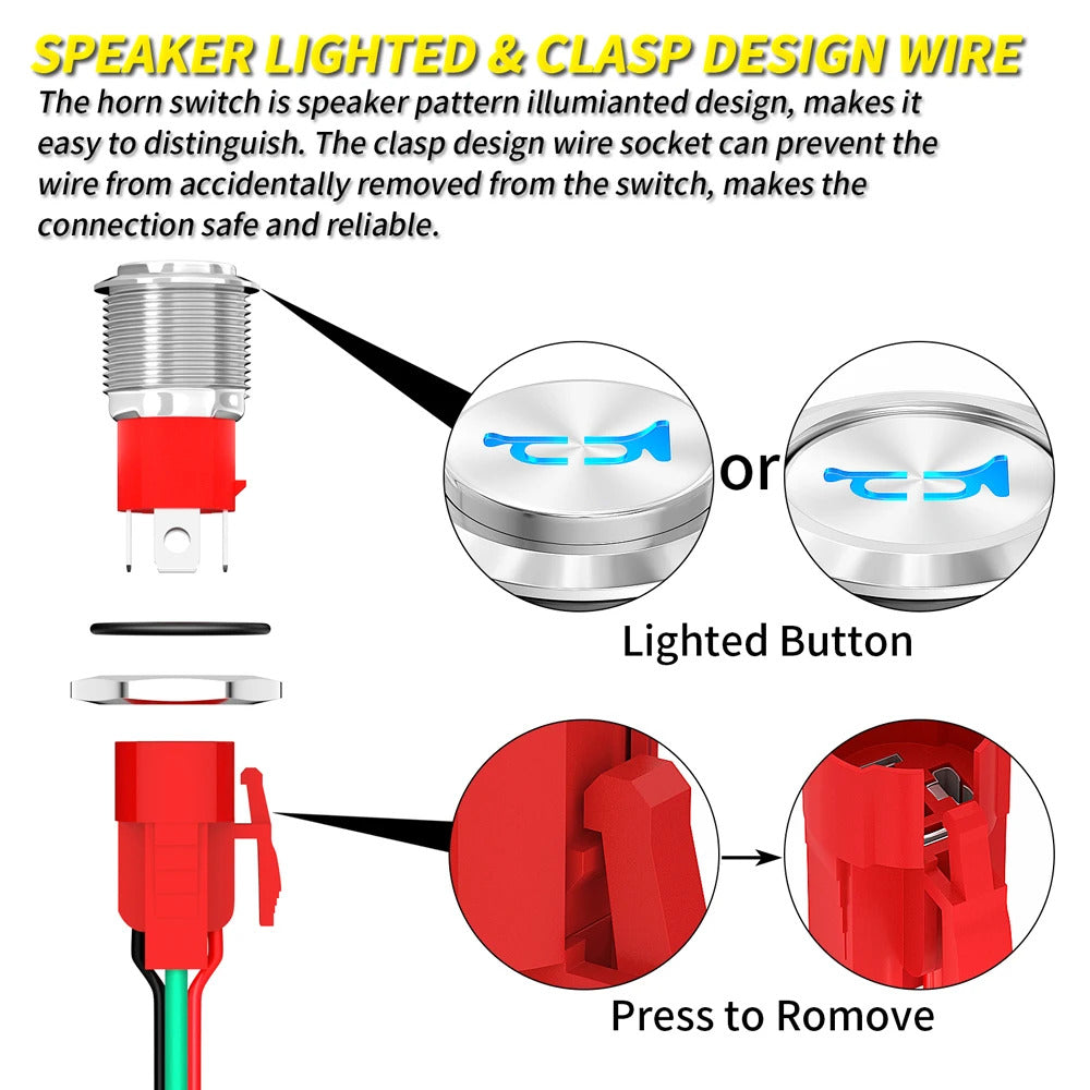 16mm METAL HORN BUTTON 12V 20A - BLUE LED