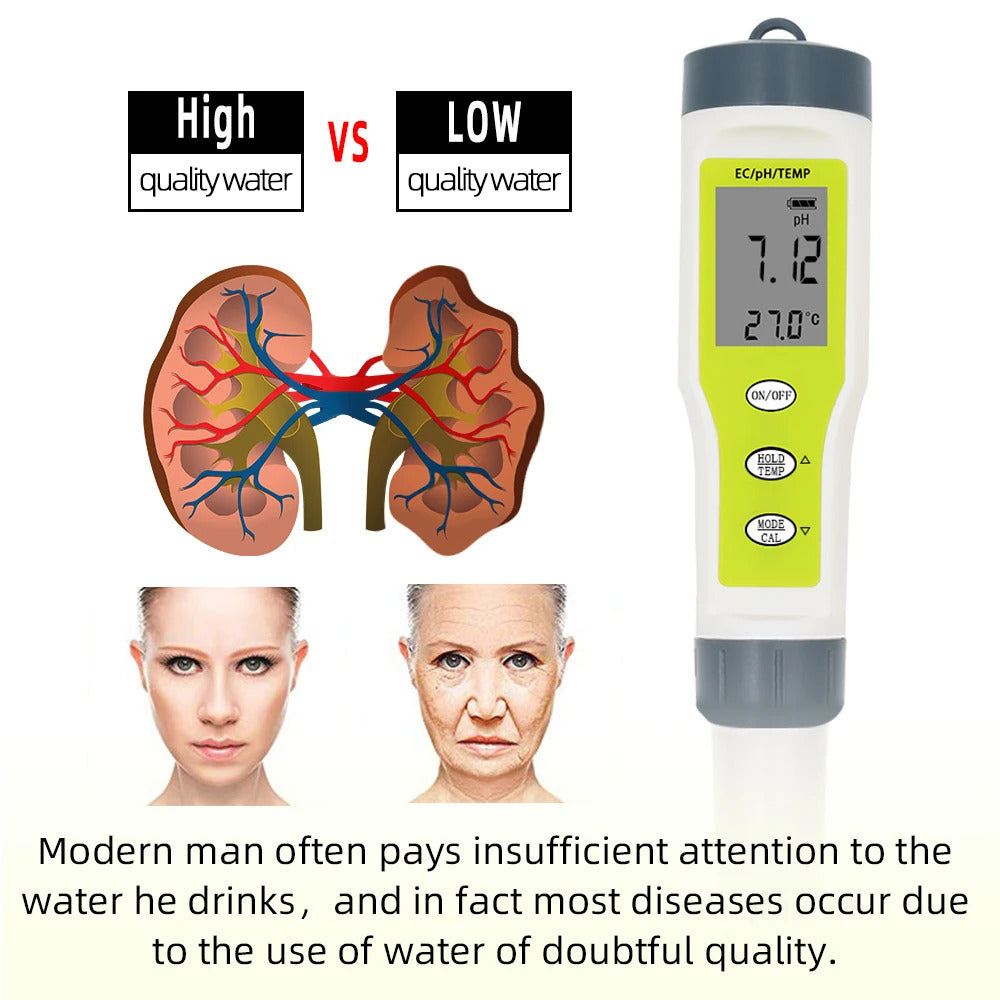 3 IN 1 DIGITAL WATER TESTER PH EC TEMPERATURE METER REPLACEABLE PROBE GREEN