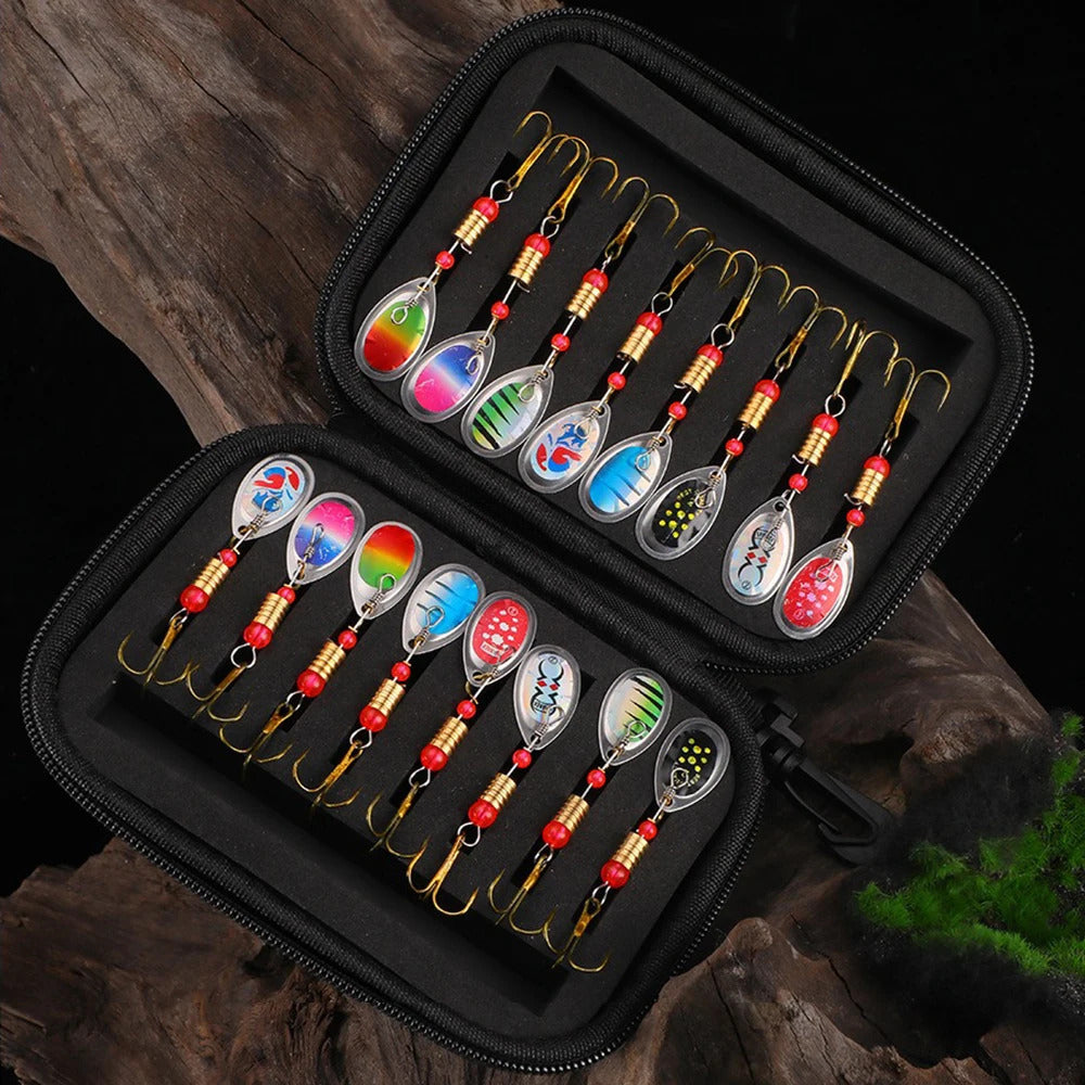 16 x METAL SPINNER BAIT FISHING LURES IN CASE