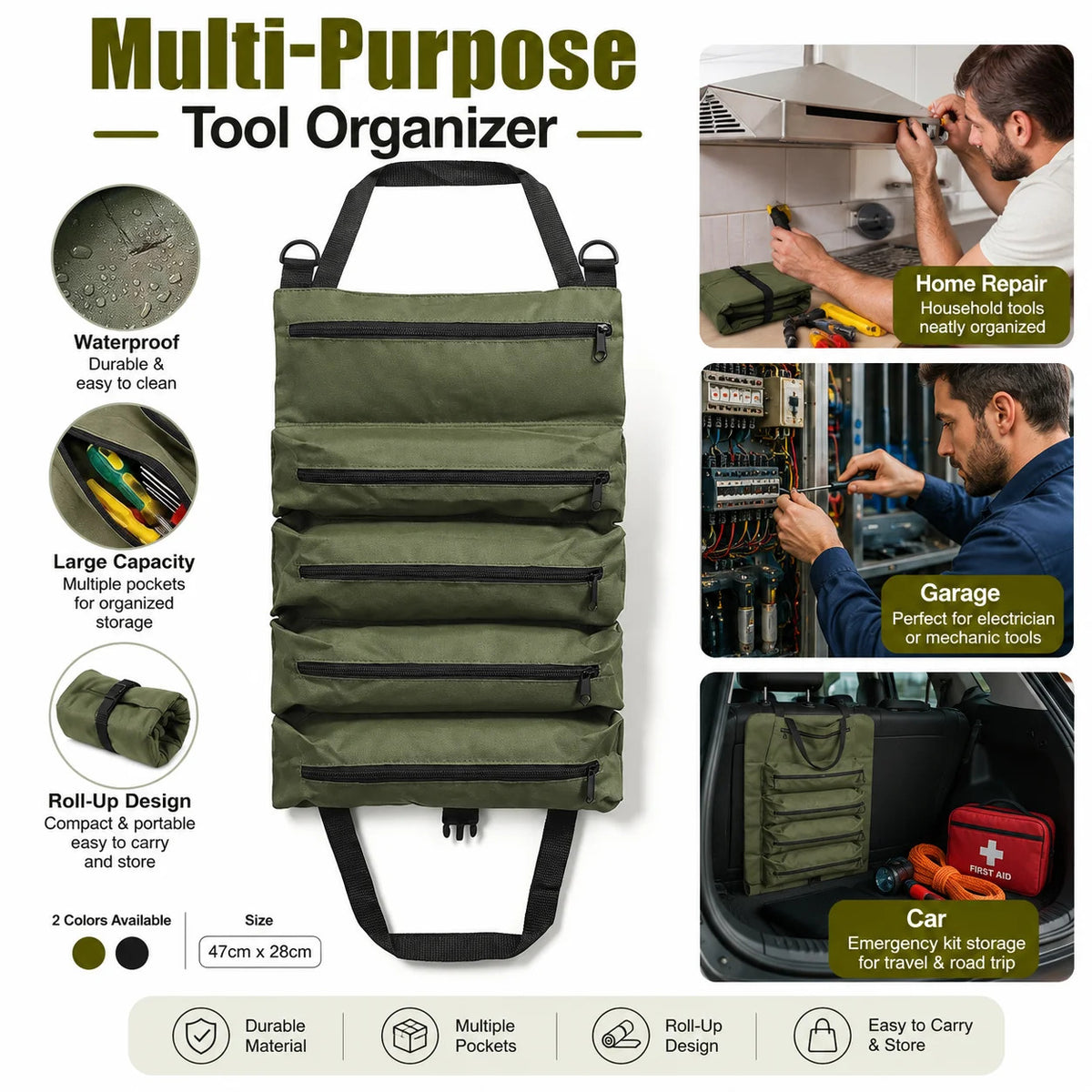 ROLL UP TOOL BAG ORGANISER 5 POCKET OXFORD TOOL STORAGE POUCH GARAGE CAR DIY