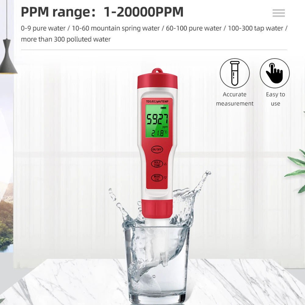 4-IN-1 DIGITAL WATER QUALITY TESTER – TDS, EC, PH & TEMPERATURE METER RED