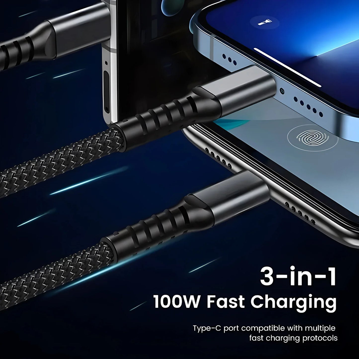 100w FAST CHARGING MULTI WAY CABLE, TYPE C MICRO USB LIGHTNING