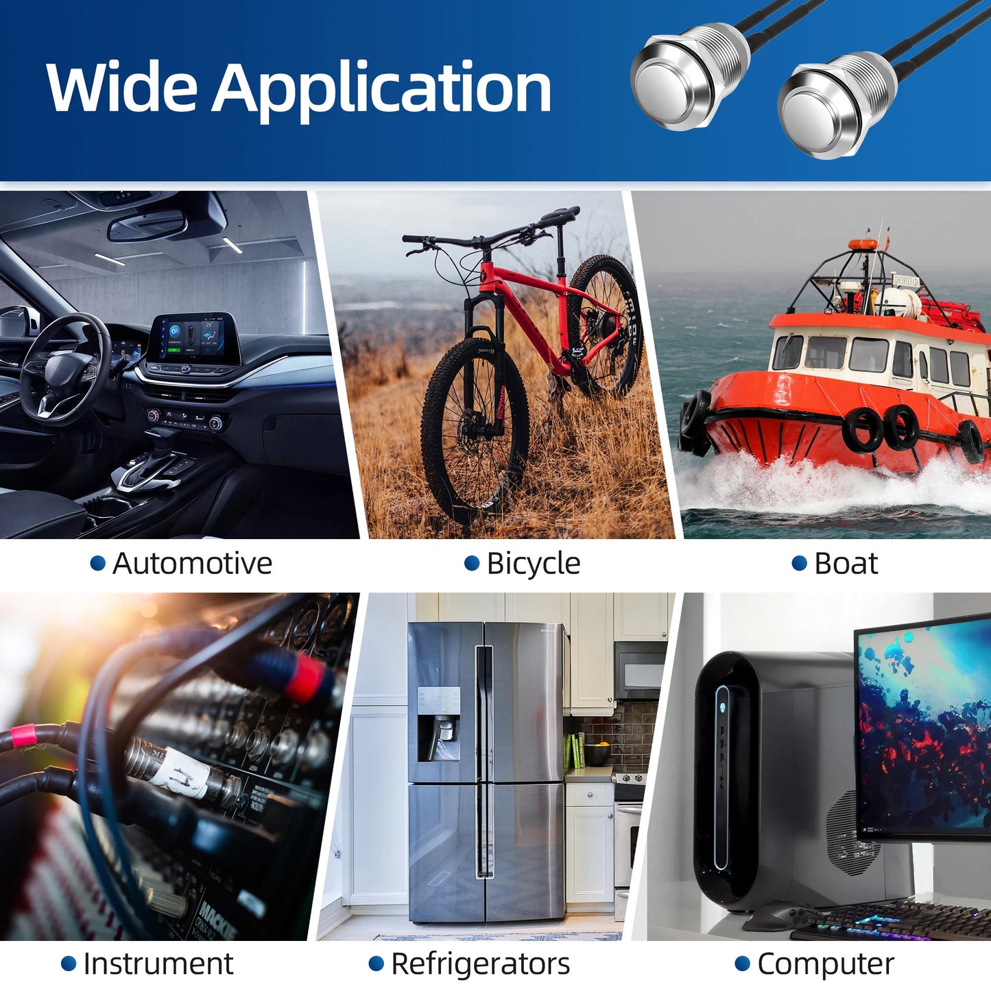 6 x STAINLESS STEEL MOMENTARY PUSH SWITCH 12mm PRE WIRED