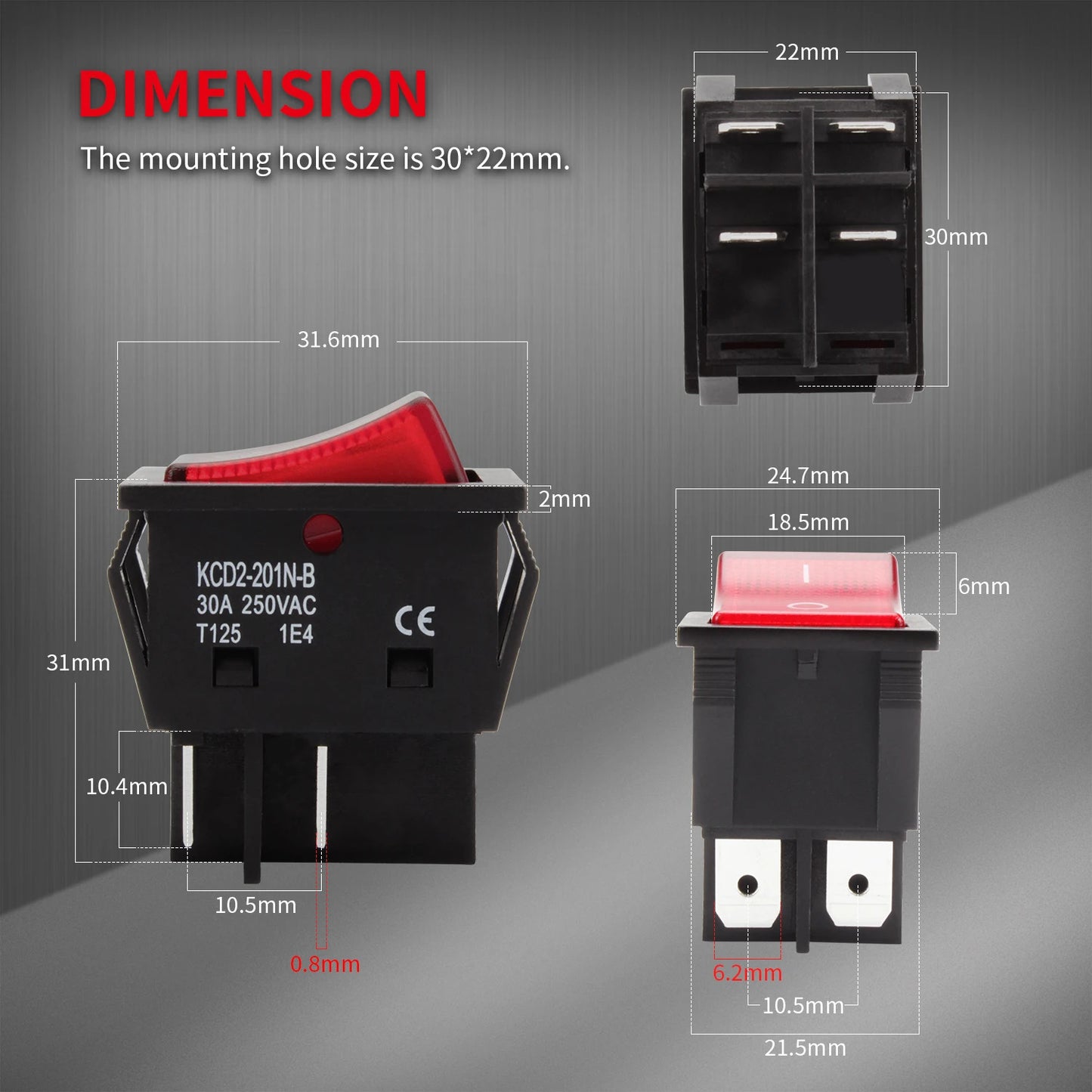 5 x 30A 250V HEAVY DUTY KCD2 ROCKER SWITCH 4 PIN RED LED