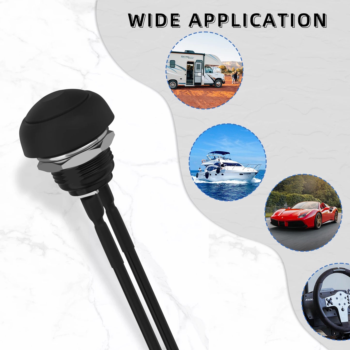 5  x 12mm WATERPROOF ROUND MOMENTARY PUSH SWITCHES - PRE WIRED