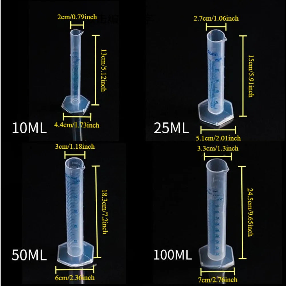 4 x PLASTIC MEASURING CYLINDERS 10ml 25ml 50ml 100ml