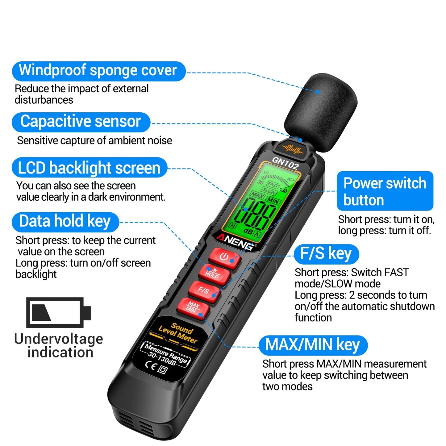 HANDHELD DECIBEL METER 30-130dB