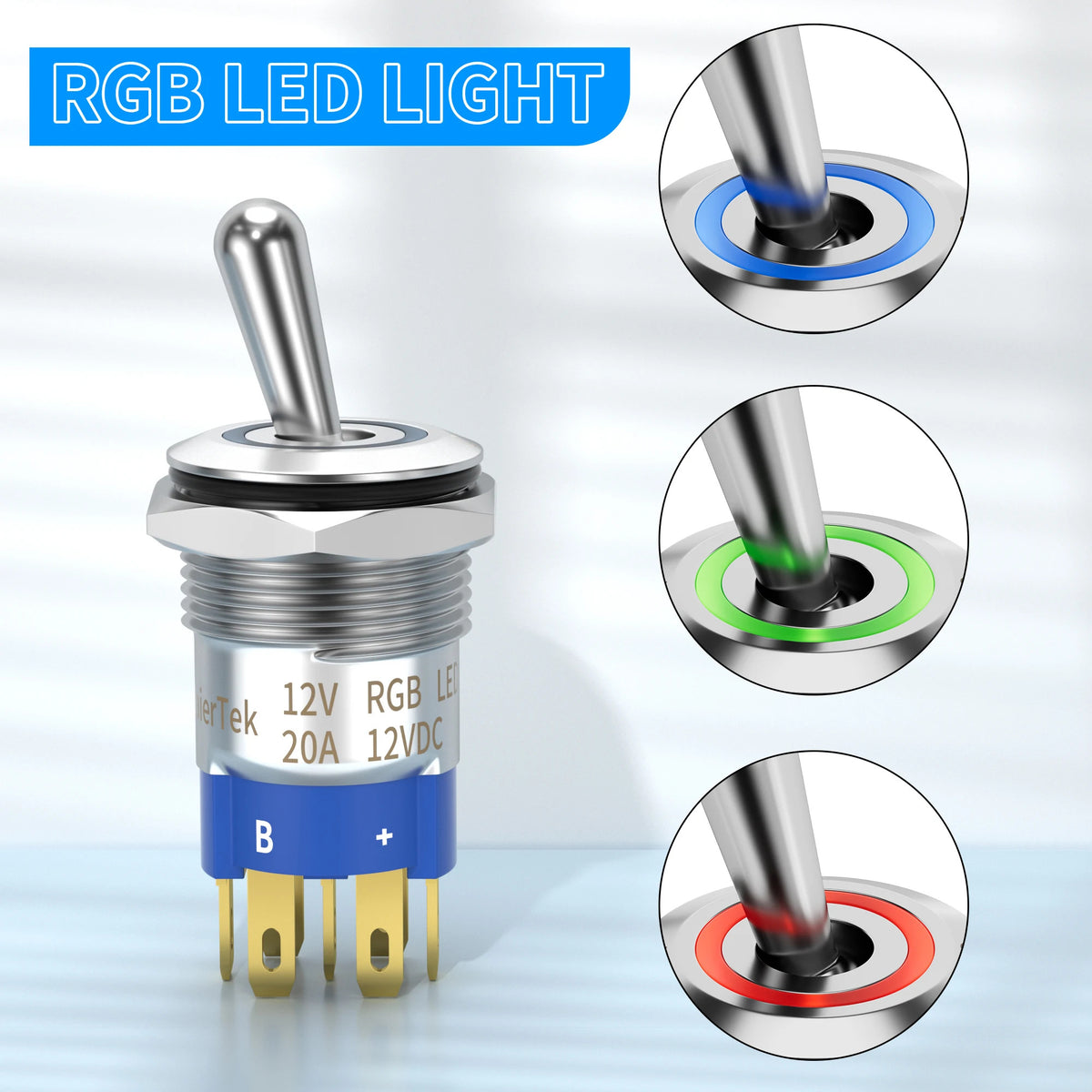 12V RGB ILLUMINATED TOGGLE SWITCH 20A – ON/OFF 16MM PANEL MOUNT IP67