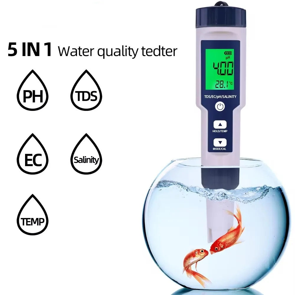 5 IN 1 DIGITAL WATER QUALITY TESTER PH TDS EC SALINITY TEMPERATURE METER
