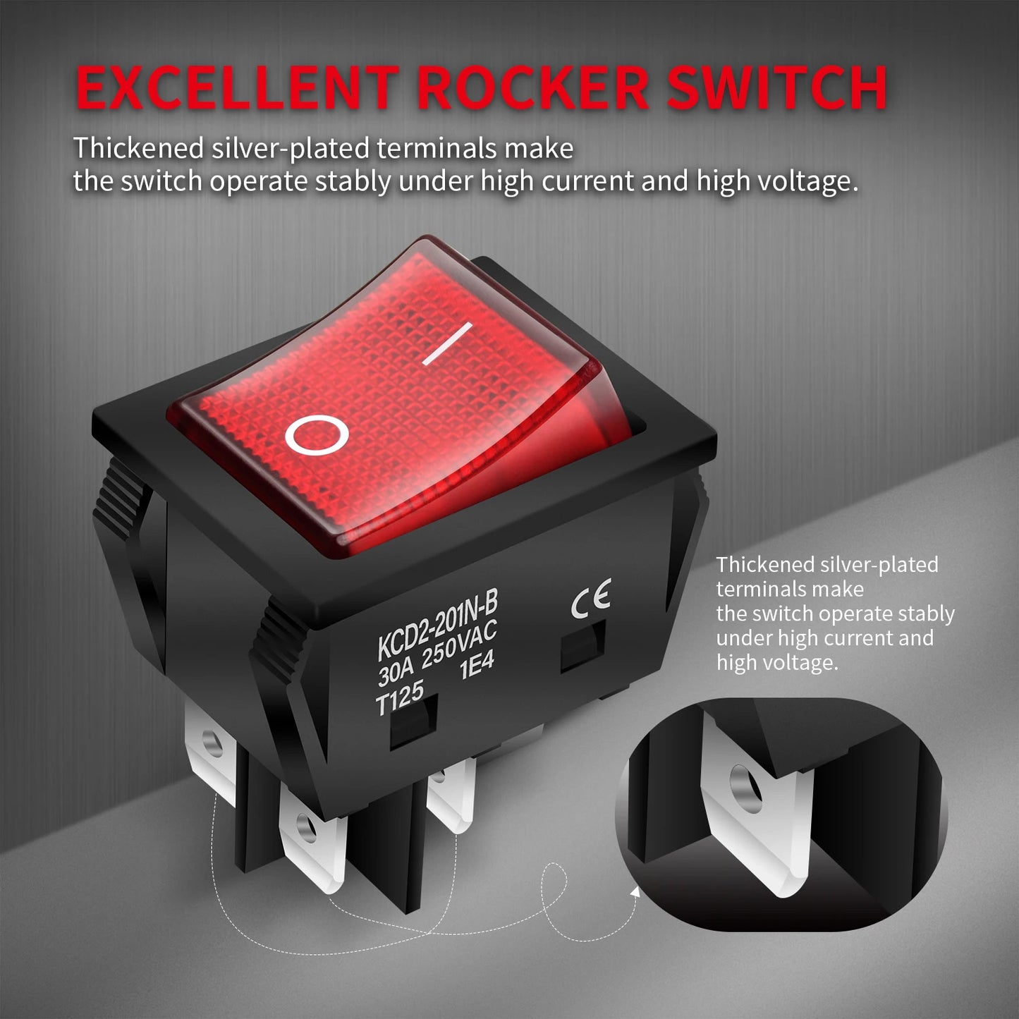 5 x 30A 250V HEAVY DUTY KCD2 ROCKER SWITCH 4 PIN RED LED
