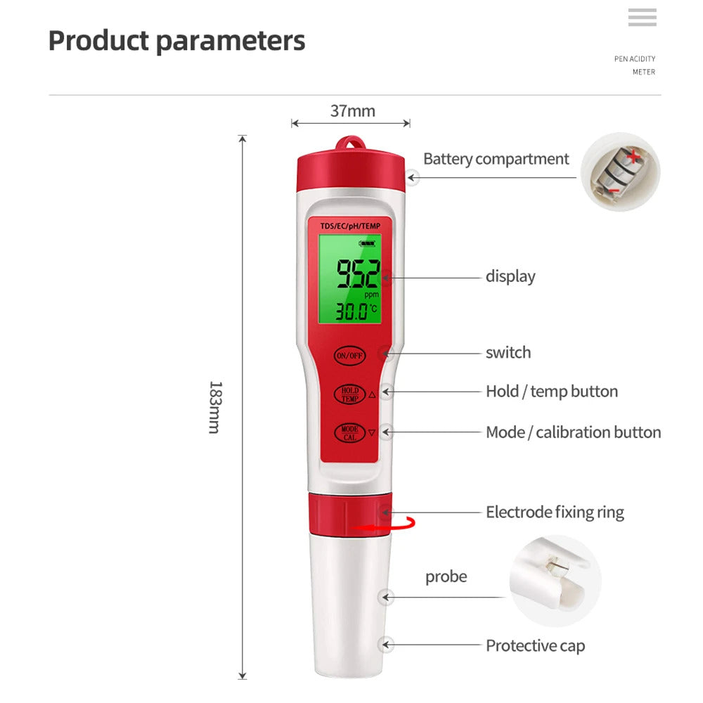 4-IN-1 DIGITAL WATER QUALITY TESTER – TDS, EC, PH & TEMPERATURE METER RED