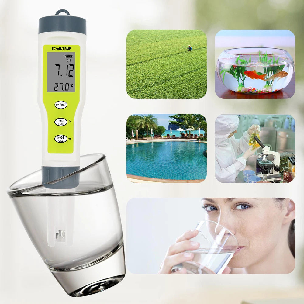 3 IN 1 DIGITAL WATER TESTER PH EC TEMPERATURE METER REPLACEABLE PROBE GREEN