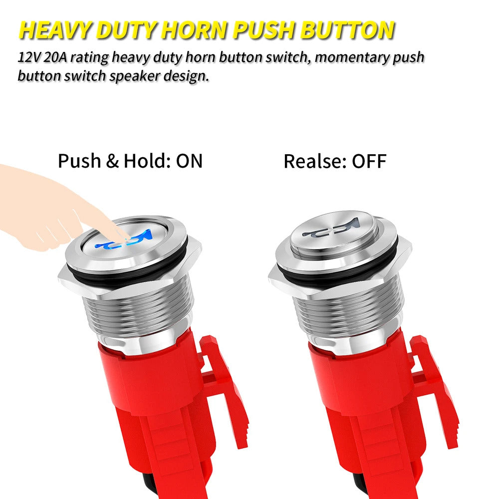 16mm METAL HORN BUTTON 12V 20A - BLUE LED