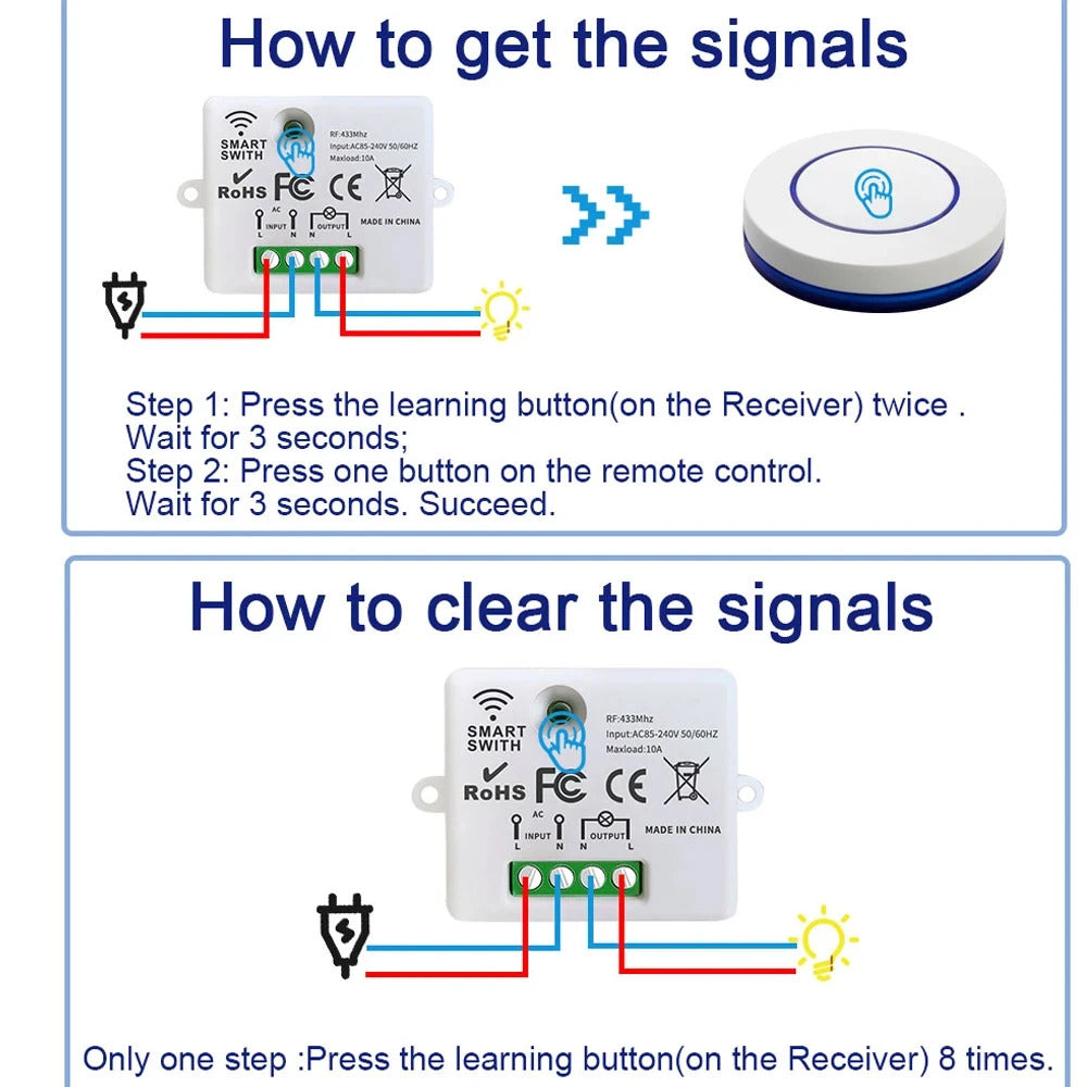 WIRELESS REMOTE CONTROL LIGHT SWITCH 22V 10A 433MHz