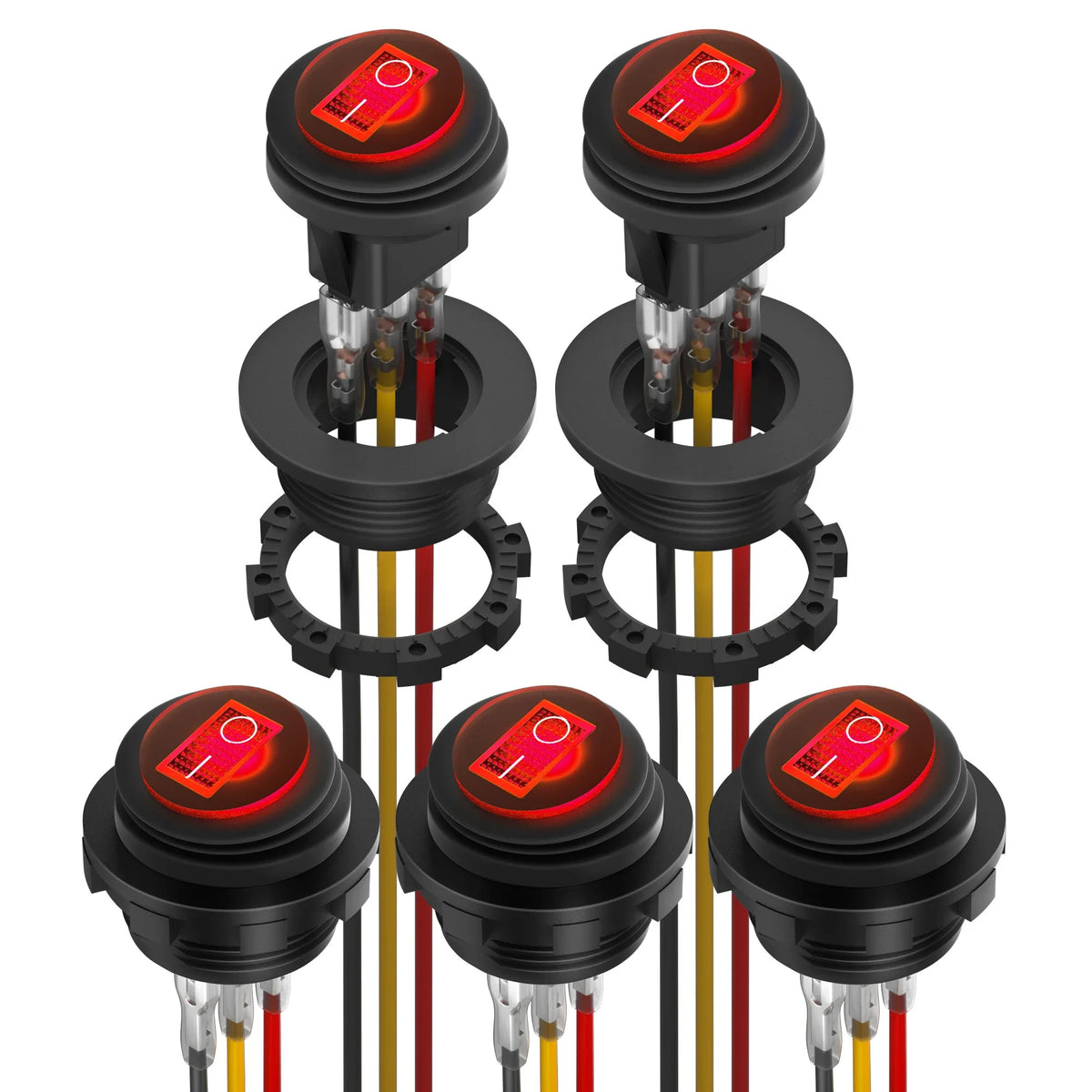 5 x RED / BLUE LED WATERPROOF ROCKER SWITCH PRE WIRED SPST 3 PIN ROUND ON OFF