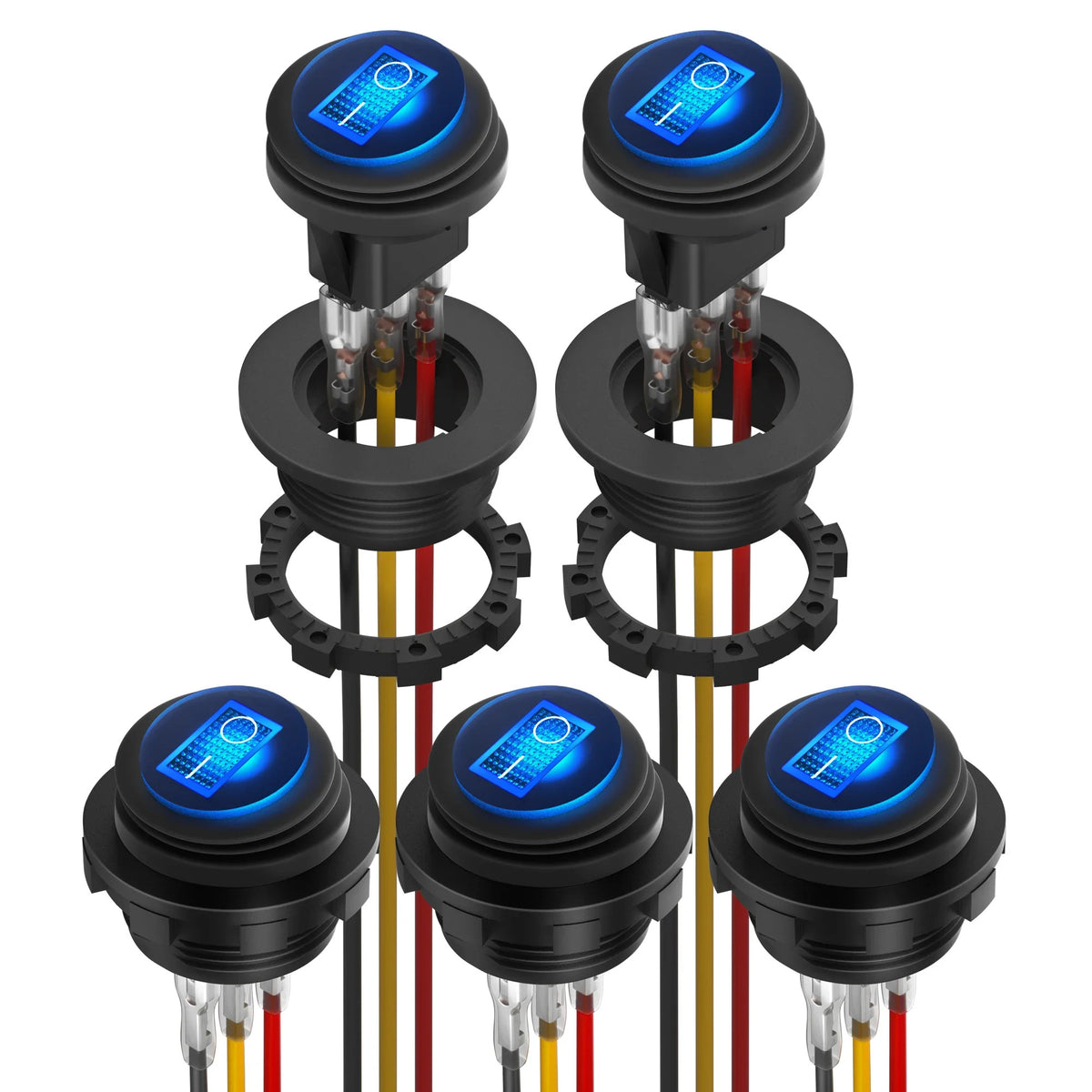 5 x RED / BLUE LED WATERPROOF ROCKER SWITCH PRE WIRED SPST 3 PIN ROUND ON OFF