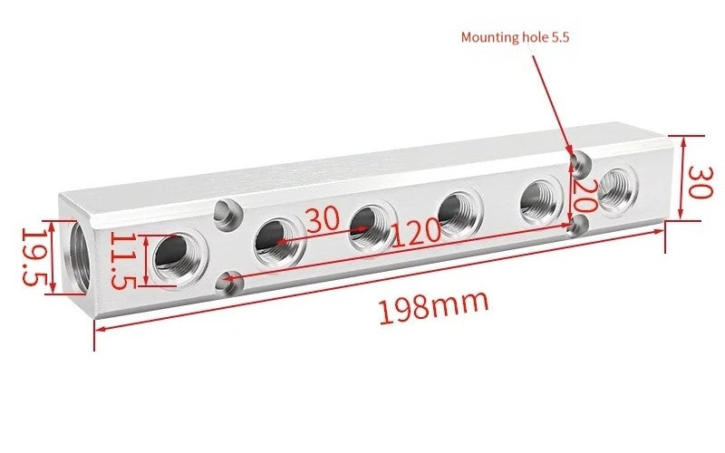 MANIFOLD BLOCK WITH HOSE CONNECTIONS 6 5 4 3 2 WAY